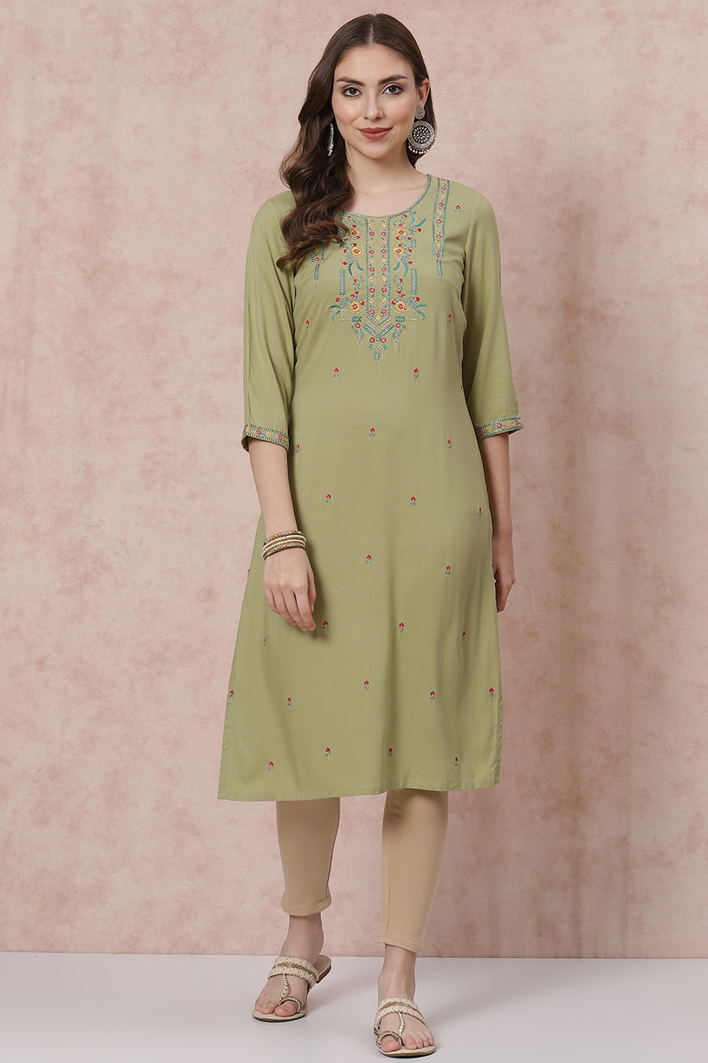 Olive Green LIVA Straight Kurta image number 2